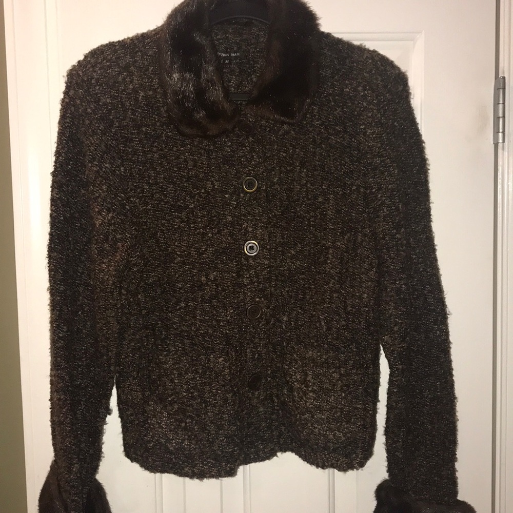 Tweed sweater with faux  fur collar